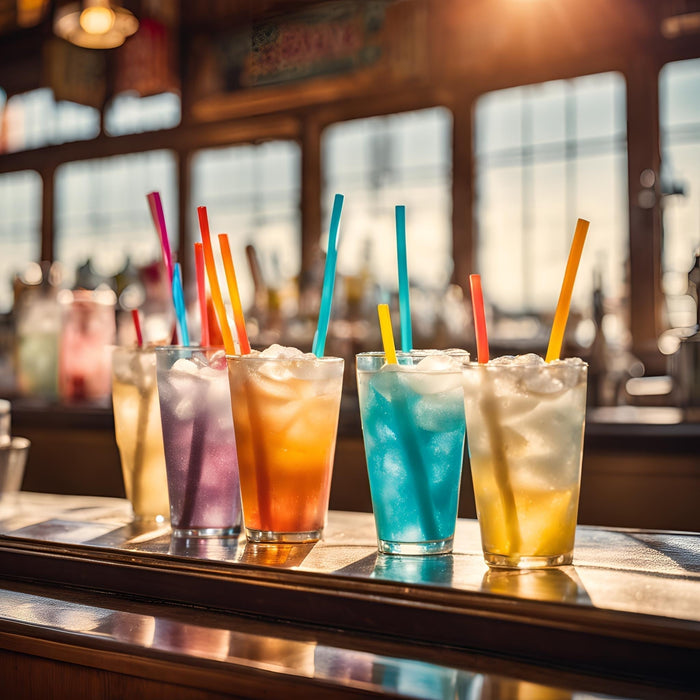 Five brightly coloured non-alcoholic drinks with straws lined up along a sunlit bar.