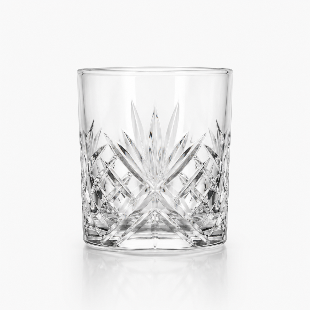 French rocks glass rental — cut-crystal tumbler with a fan and diamond pattern, for whiskey and old fashioneds