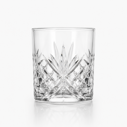 French rocks glass rental — cut-crystal tumbler with a fan and diamond pattern, for whiskey and old fashioneds