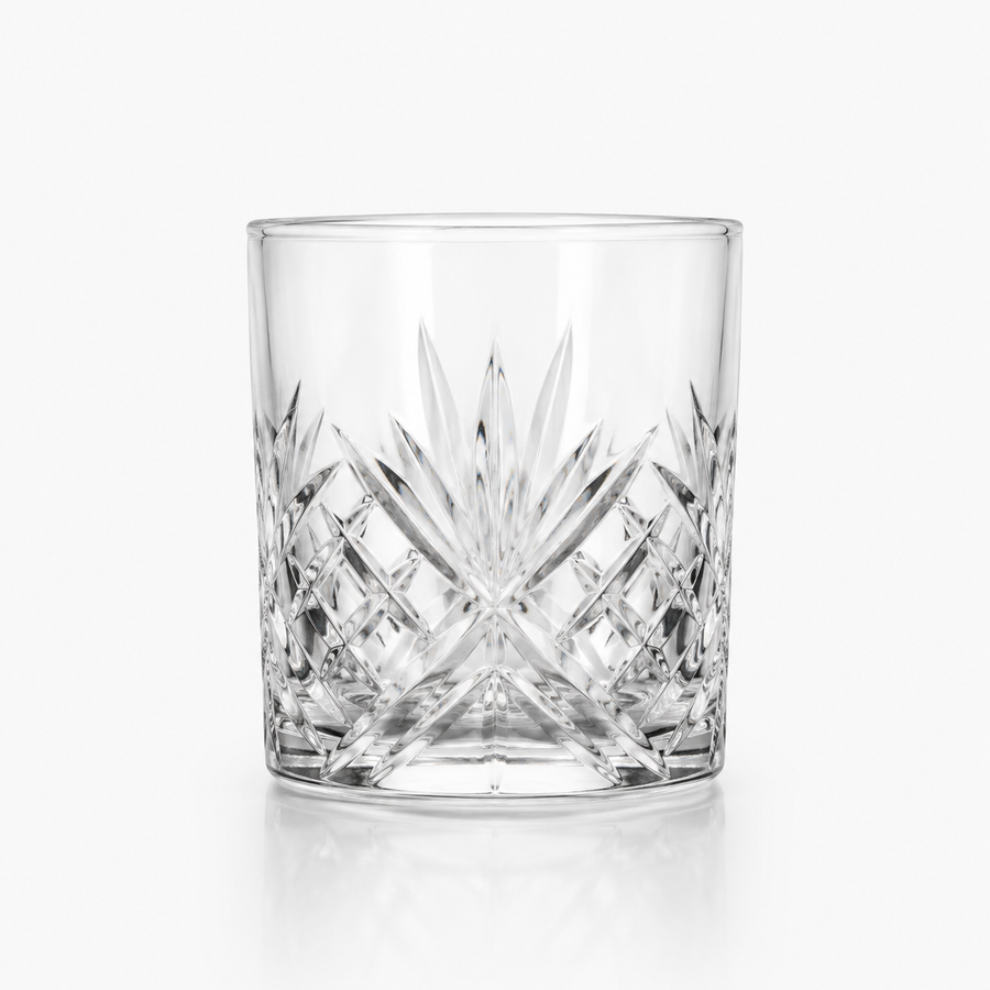 French rocks glass rental — cut-crystal tumbler with a fan and diamond pattern, for whiskey and old fashioneds