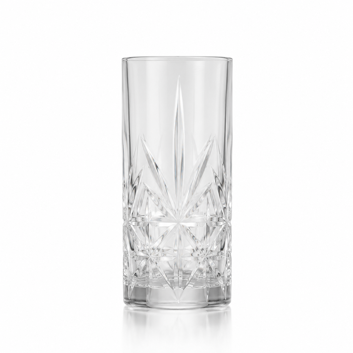 Gardinia highball glass rental — tall cut-crystal collins glass matching the French rocks pattern