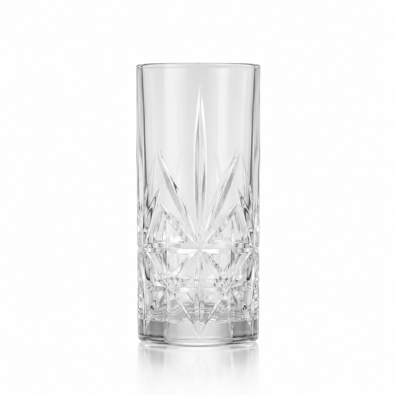 Gardinia highball glass rental — tall cut-crystal collins glass matching the French rocks pattern