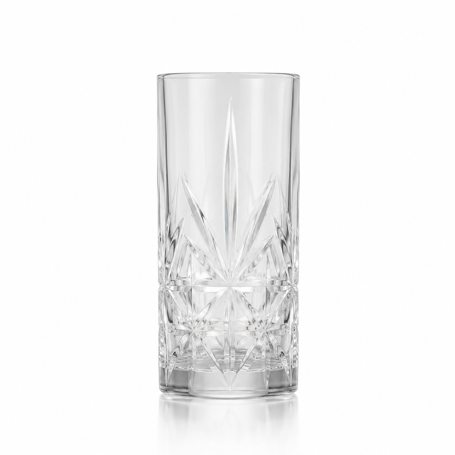 Gardinia highball glass rental — tall cut-crystal collins glass matching the French rocks pattern