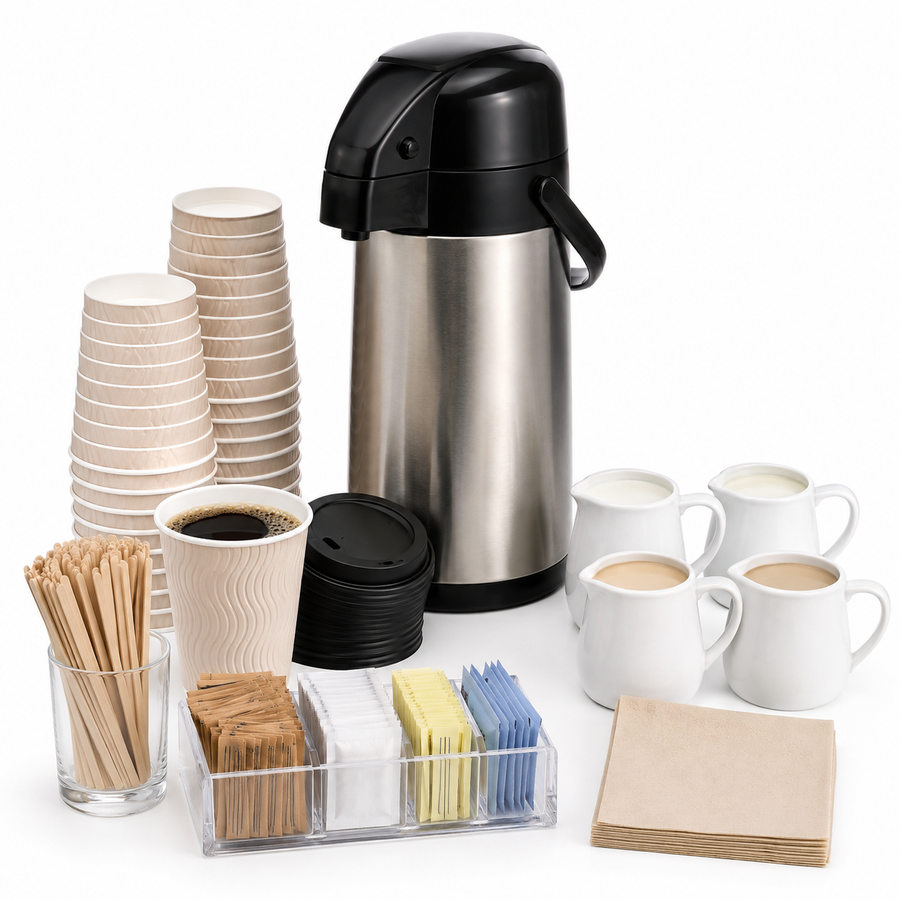 A coffee stationery and hot water set on a white background, including a stainless steel thermal carafe, stacks of paper cups and lids, white mugs with coffee and milk, paper napkins, wooden straws, sugar packets, and creamer packets.