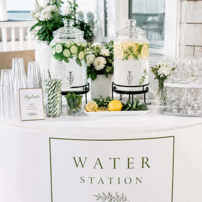 A white water station counter with a sign reading 'WATER STATION' in green, holding two large glass beverage dispensers filled with lemon and cucumber water, along with straws, glasses, flowers, and lemons.