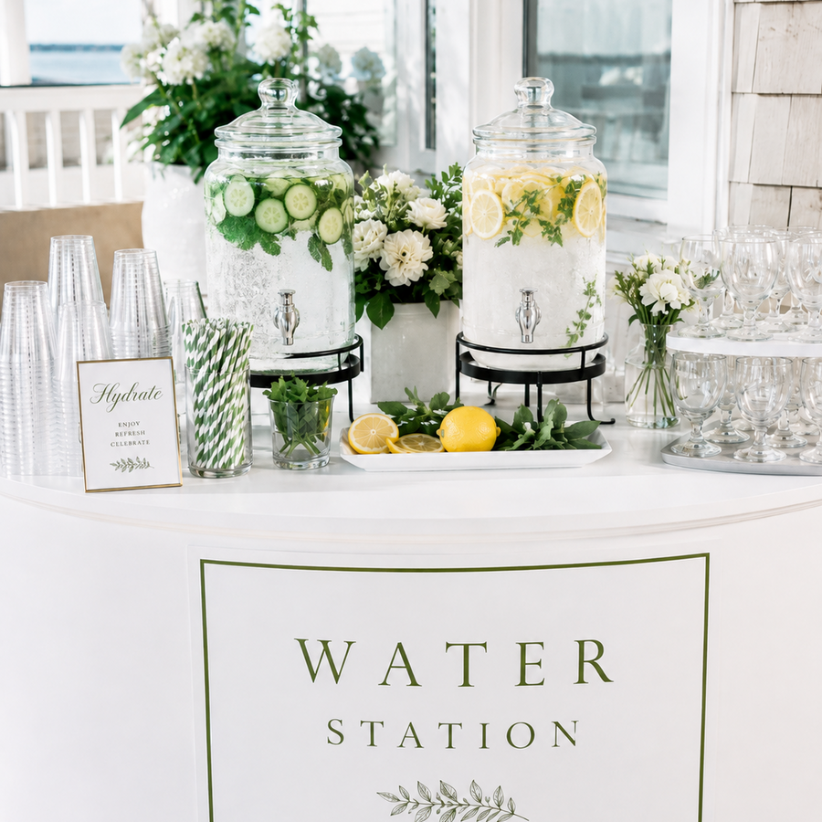 A white water station counter with a sign reading 'WATER STATION' in green, holding two large glass beverage dispensers filled with lemon and cucumber water, along with straws, glasses, flowers, and lemons.