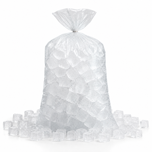 A bag of cubed event ice delivered for bar service, with cubes spilling out at the base.