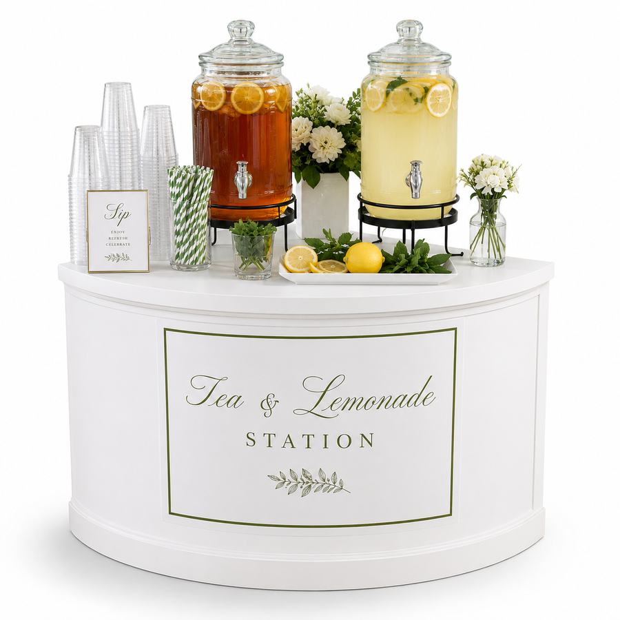 A white curved tea and lemonade bar rental with two glass beverage dispensers, one filled with iced tea and one with lemonade, displayed on a clean white background with serving accessories.