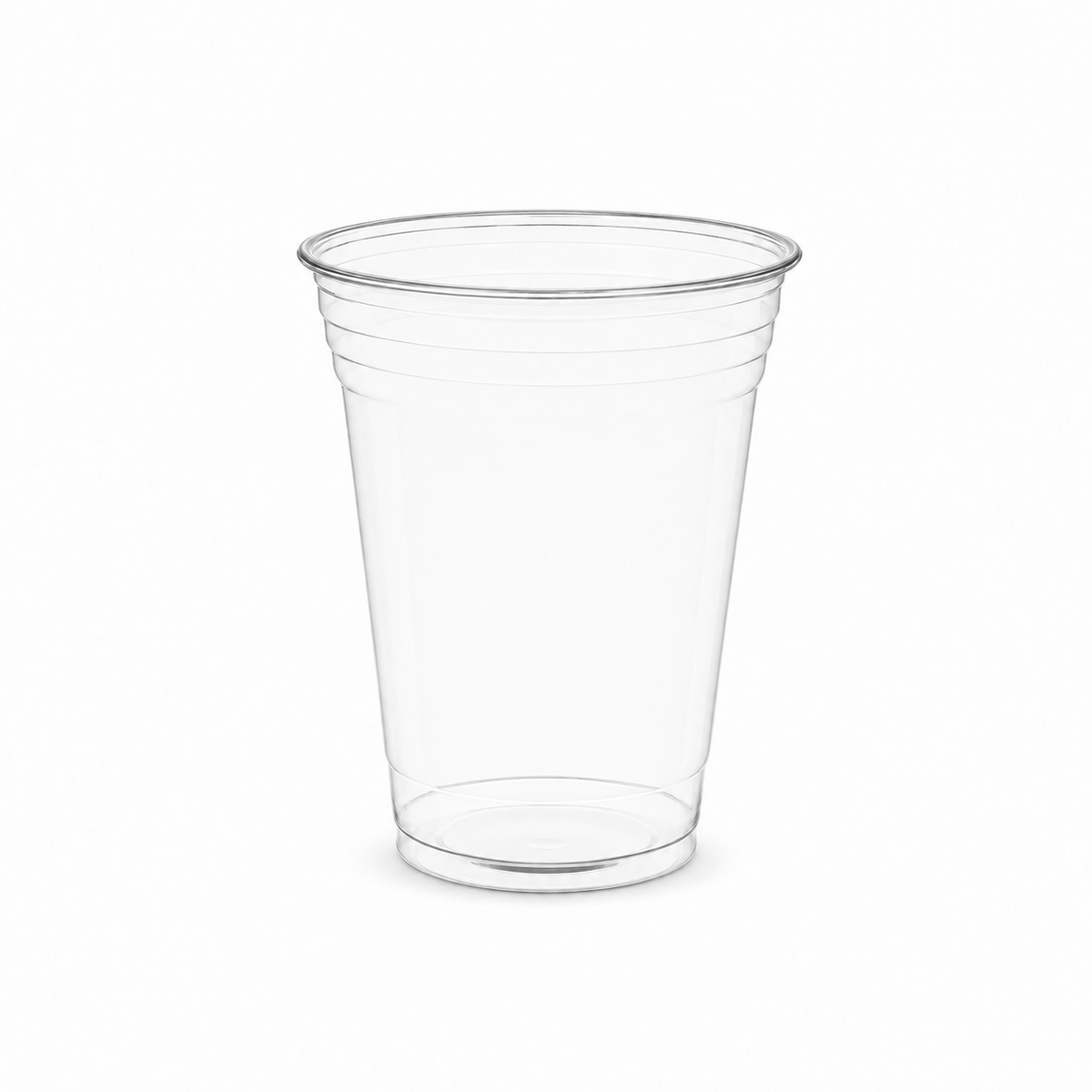 16 oz clear plastic cup for events with a flared rim and subtle horizontal ridges, shown on a plain white background.