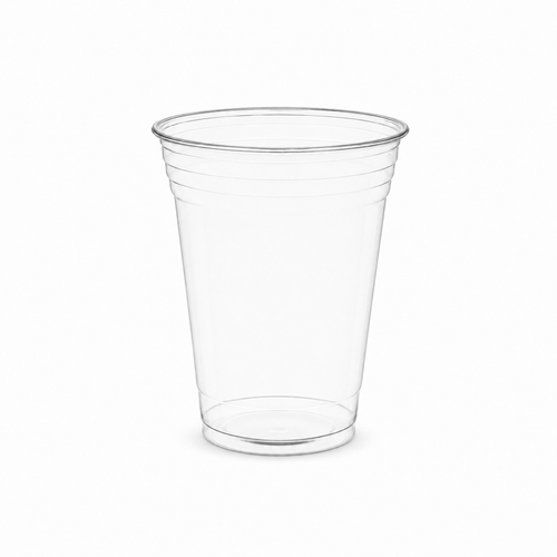 16 oz clear plastic cup for events with a flared rim and subtle horizontal ridges, shown on a plain white background.