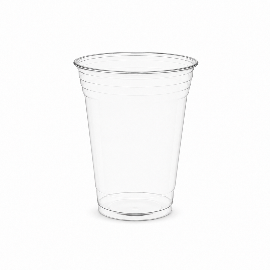 16 oz clear plastic cup for events with a flared rim and subtle horizontal ridges, shown on a plain white background.