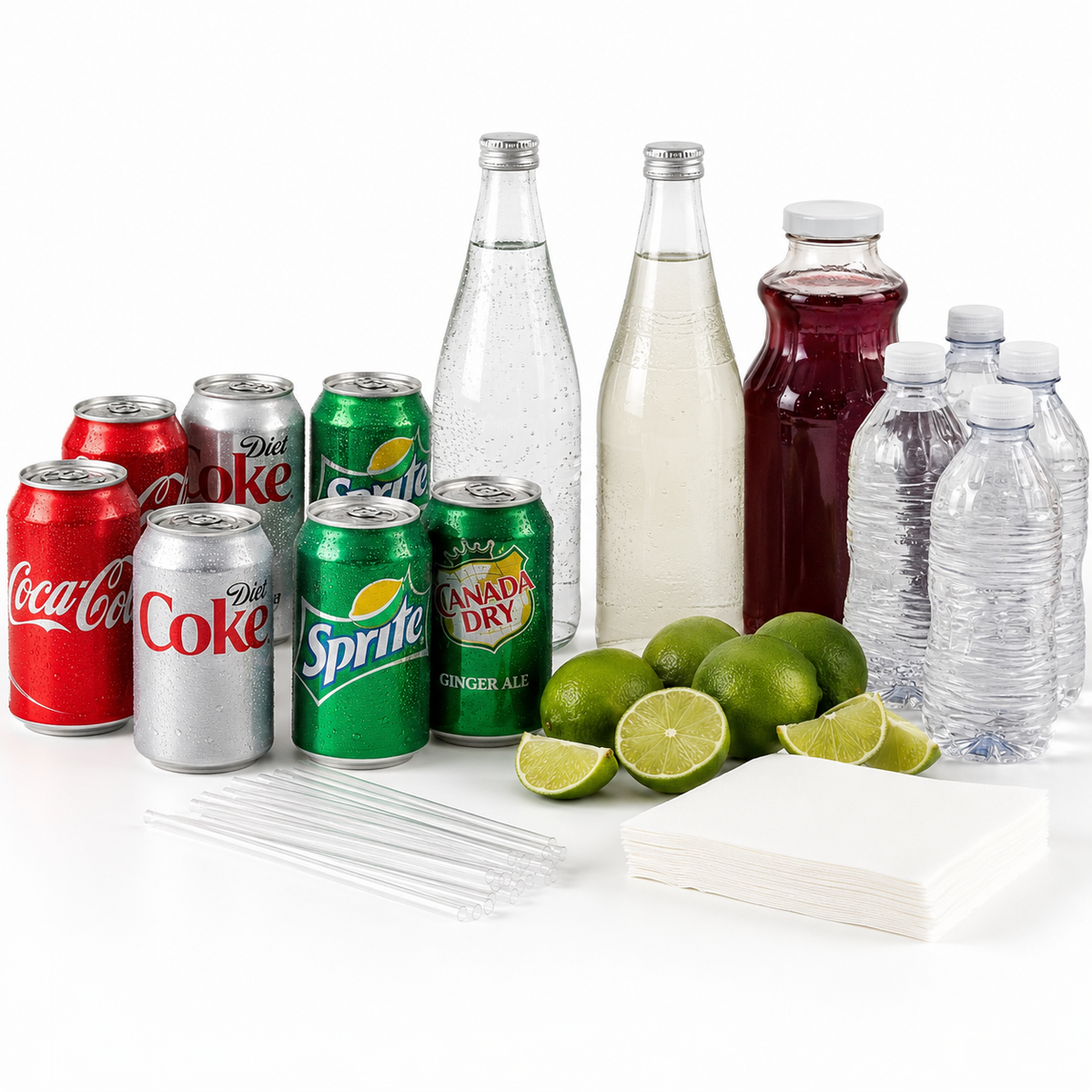 The Call Party Pack: Coca-Cola, Diet Coke, Sprite and Canada Dry ginger ale with club soda, cranberry juice, bottled water, fresh limes, napkins and straws.