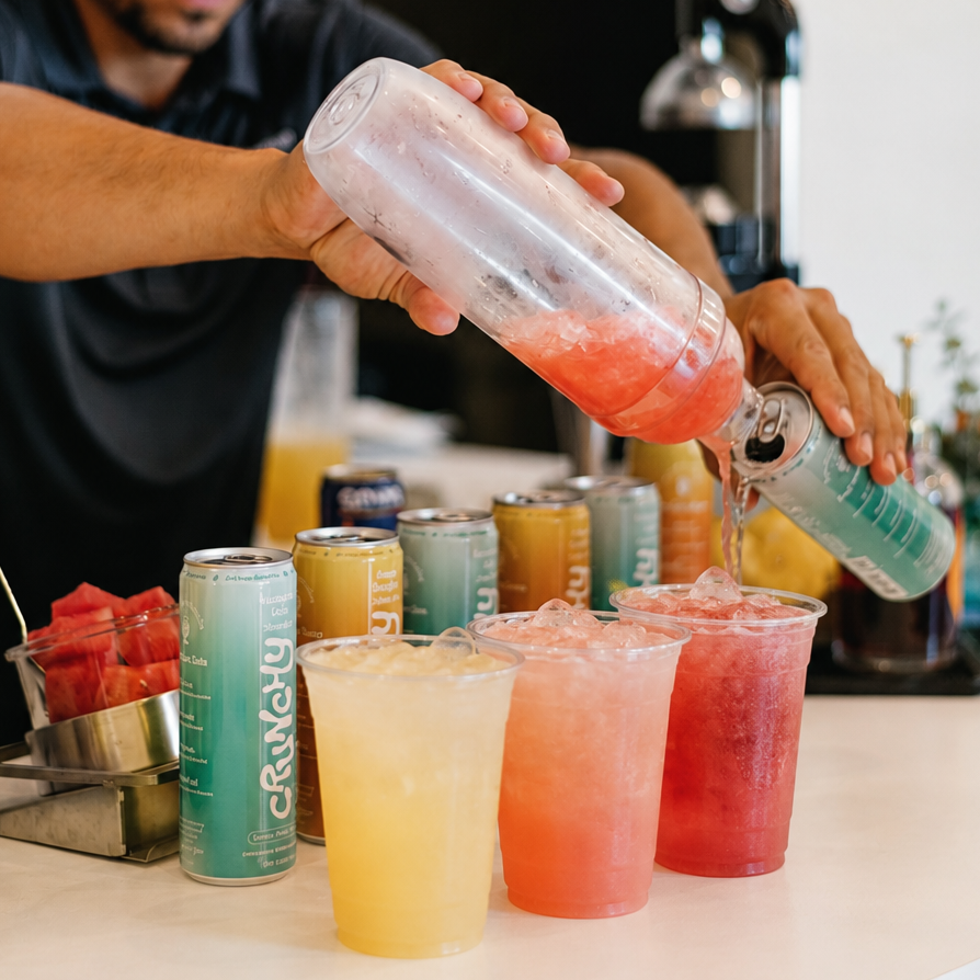 A bartender wearing a black cap and dark shirt pours a pink drink from a clear shaker bottle into several colorful cups on a counter, with beverage cans and fruit visible in a bright indoor setting.