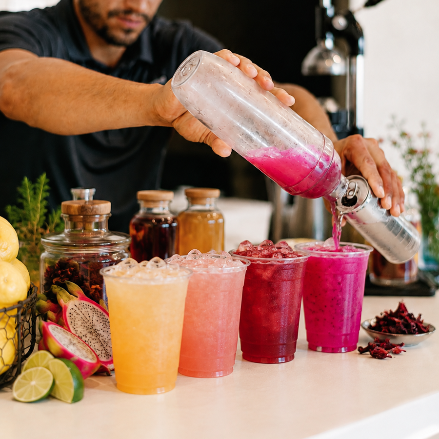 Colorful  lime dragon fruit and hibiscus with clear shaker and bartender pouring pink dragon fruit tea and soda into cup