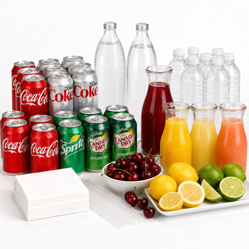 The Premium Party Pack: Coca-Cola, Diet Coke, Sprite and Canada Dry ginger ale with club soda, cranberry and orange juice, bottled water, fresh lemons, limes and cherries, napkins and straws.