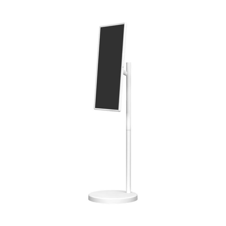 The 22 inch digital drink menu screen stood upright on its white floor stand, seen from the side to show the adjustable pole.