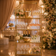Load image into Gallery viewer, The Gold Shelf, a brass étagère used as a back bar and champagne display, styled with coupes, flutes, ice buckets and florals at an event.
